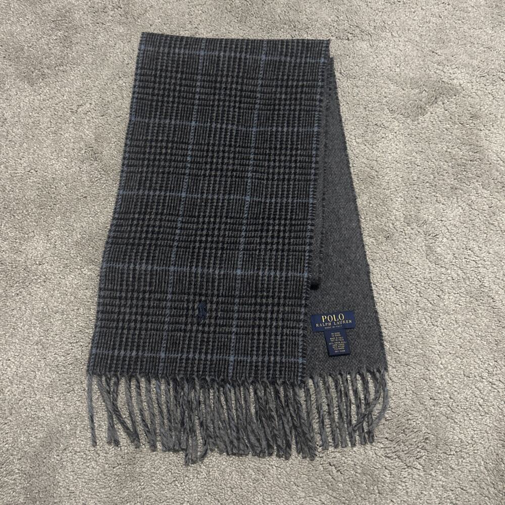 Polo Ralph Lauren Scarf Adult One Size Gray Lambswool Nylon Plaid Fringe Italy